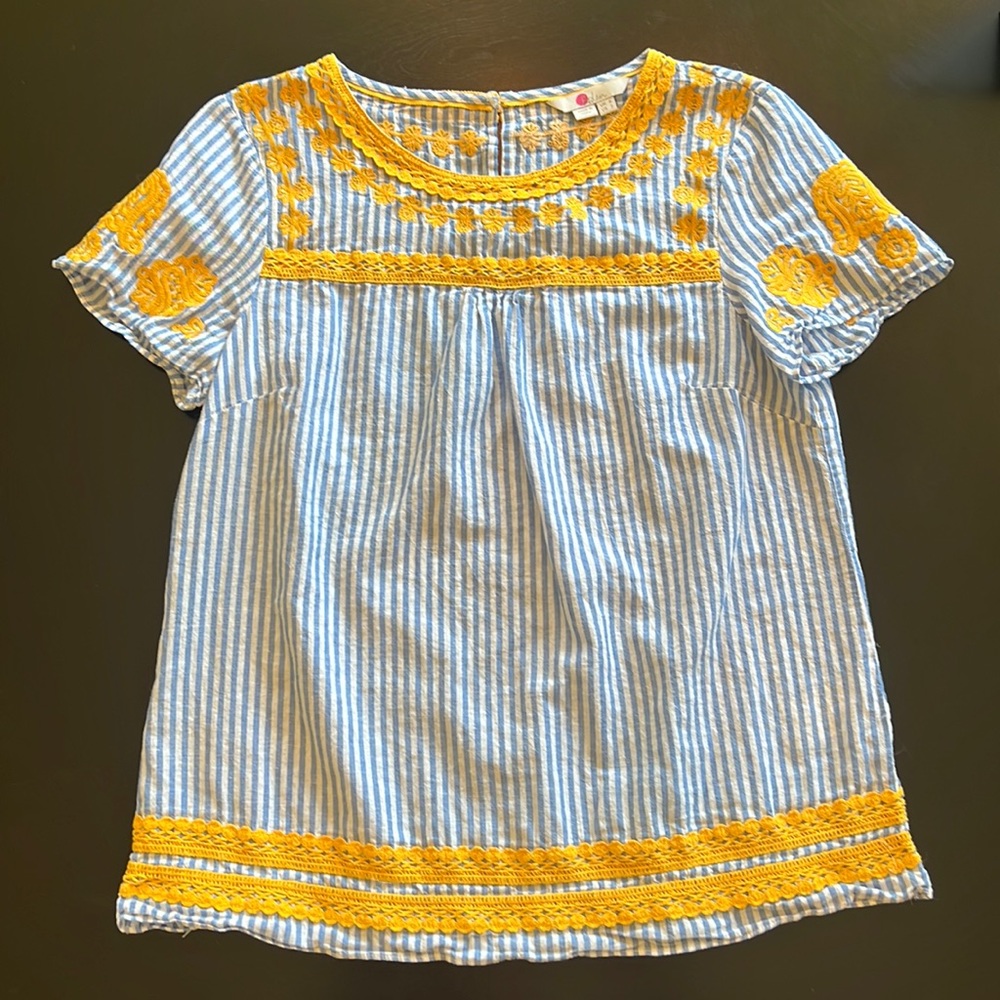 Boden blouse, blue and white stripes, golden yellow embroidery, size 2